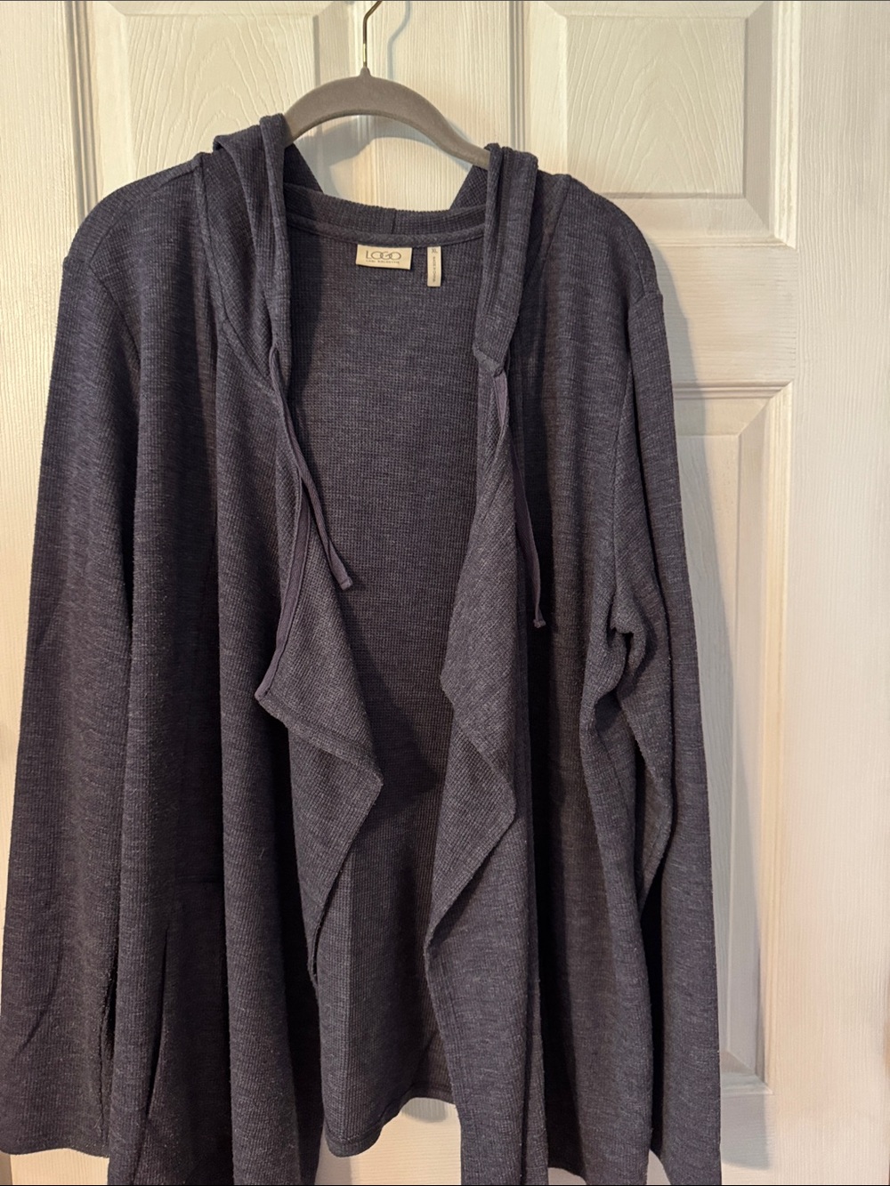 LOGO by Lori Goldstein Dark Blue/Charcoal Gray Open Hooded Cardigan